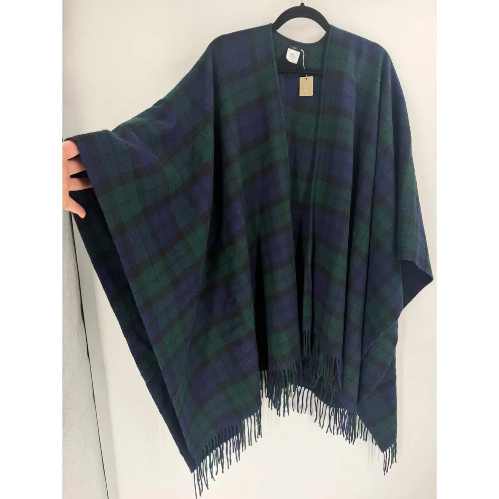 J.Crew Poncho Scarf Women XS/S Blue Green‎ Plaid Wool Blend Fringe Preppy NWT
